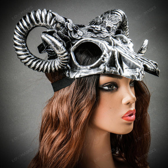 Antelope Devil Ram Horn Skull Ghost Masquerade Mask - Black Silver - Picture 4 of 9